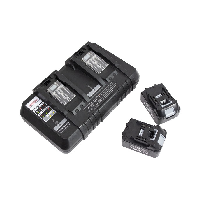 Batterilader og to batterier til skyVac Bacuum